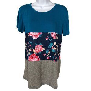 Tickled Teal Top Women Size L Floral Blue Gray Pink Color Block Short Sleeves